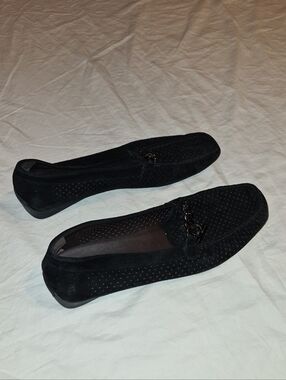 Stuart Weitzman Black Perforated Suede Loafers